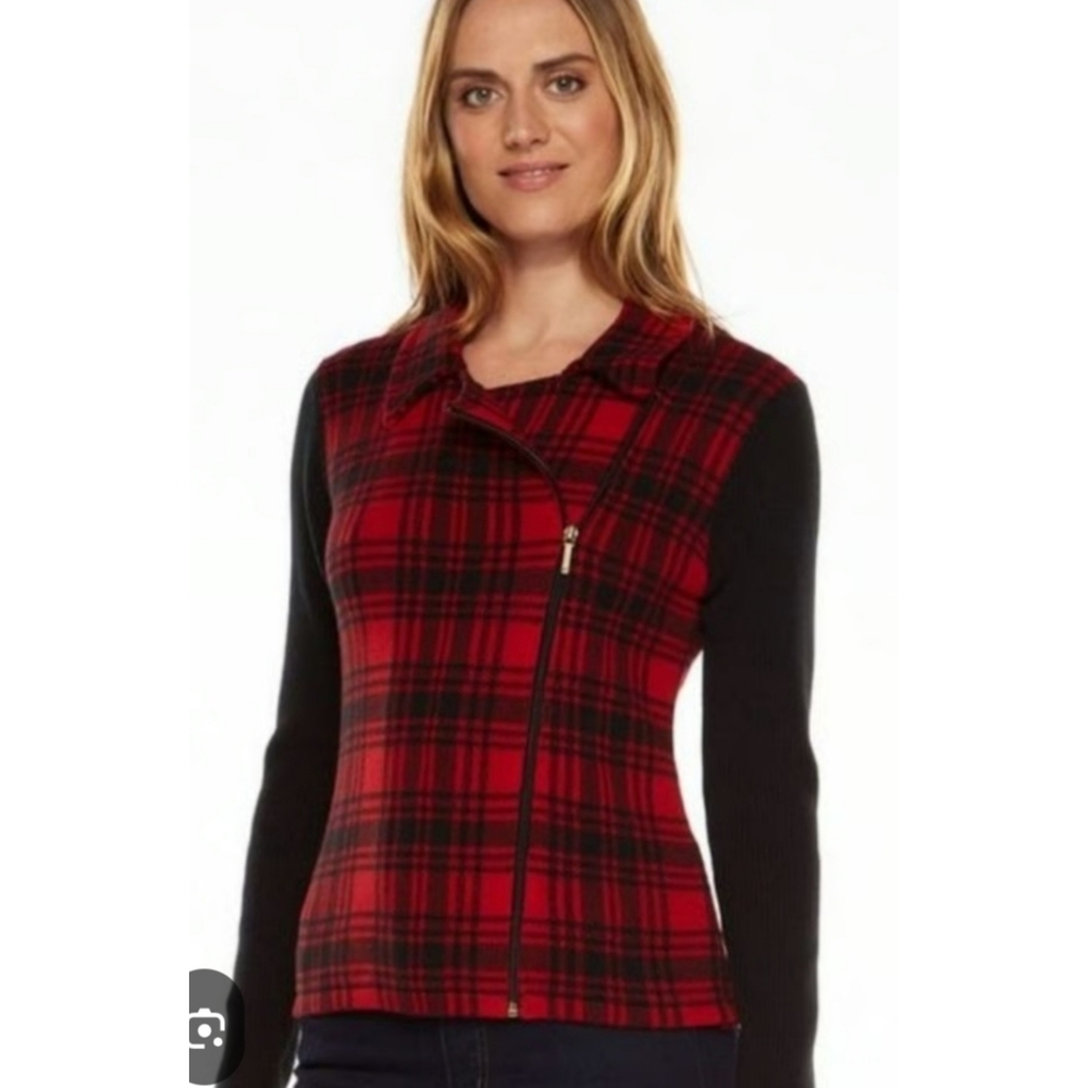 CHAPS Red/Black Buffalo Plaid Zip Moto Sweater